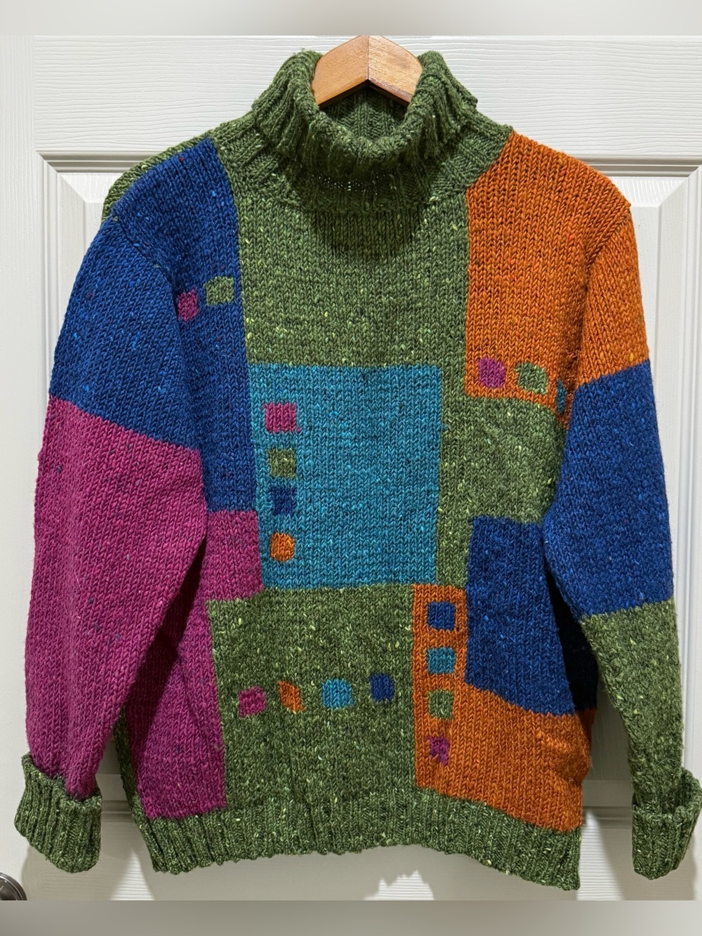 Heritage Sweater Mens L Green Vintage Hand Crafted Intarsia 100% Wool Colorblock